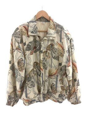 Vintage coAco Silk Seashell Pearl Print Long Sleeve Lined Jacket Pockets Size XL